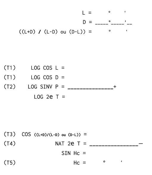 Hauteur calculée soleil tables logarithmes partie feuille de calcul