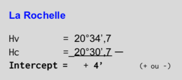 PAGE INTERACTIVE table logarithme/azimut, Calcul intercept exercise La Rochelle
