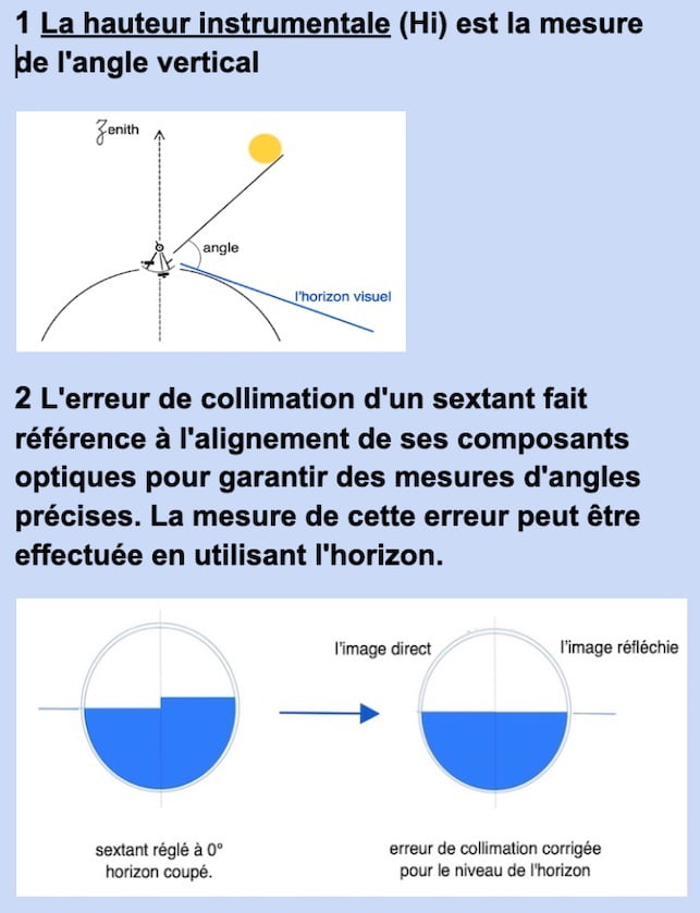 l'angle du soleil mesuré avec le sextant au-dessus de l'horizon visible, image la hauteur instrumentale et erreur collimation