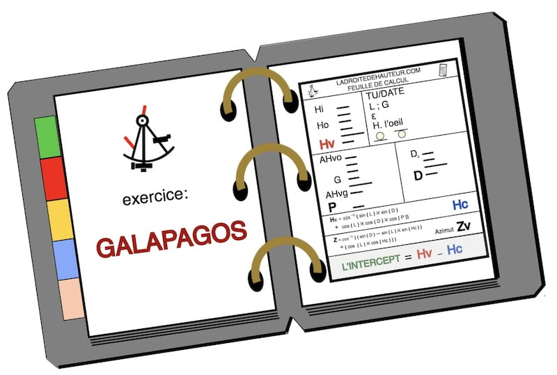 Exercice appelé 'GALAPAGOS', parmi huit exercices identiques, visant à calculer la droite de hauteur du soleil, ainsi que l'objectif principal de ce site web.