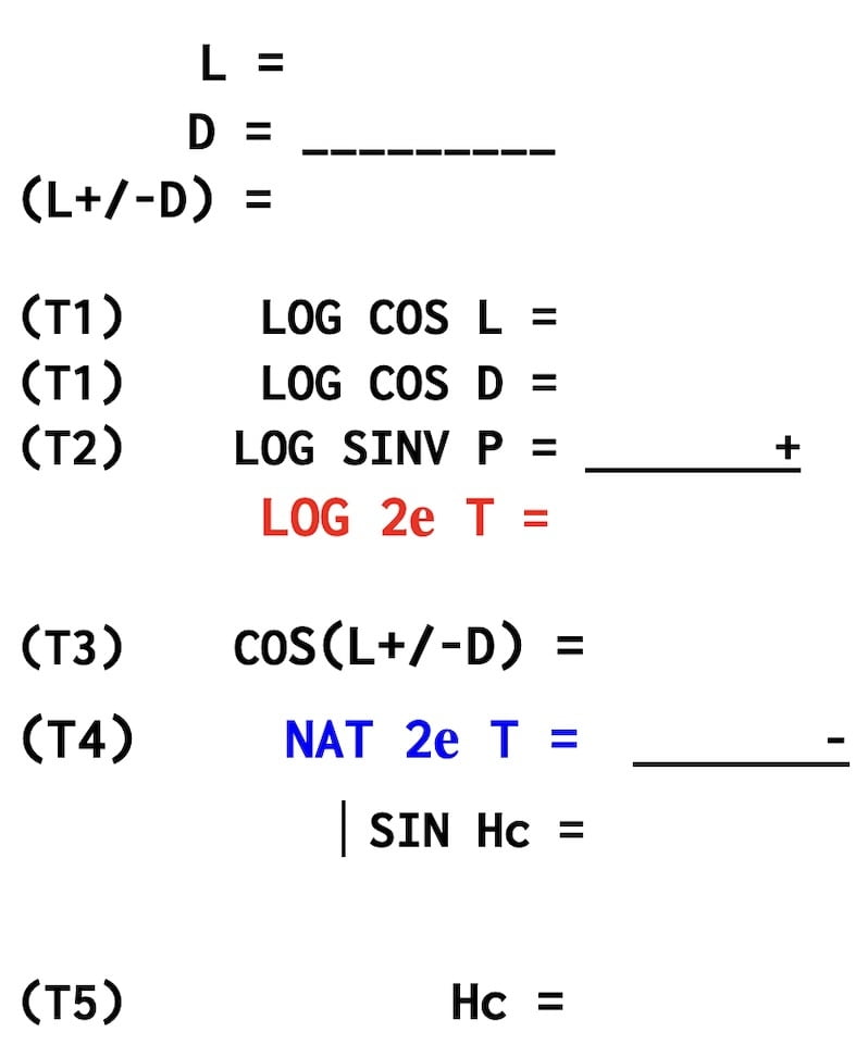 Image de la partie logarithmique de la feuille de calcul pour le calcul de la hauteur calculée à l'aide des tables pour la navigation céleste."