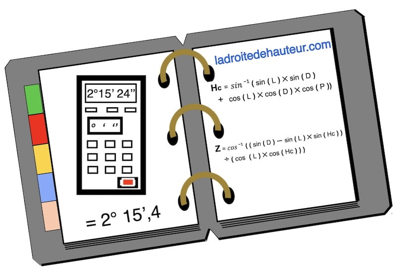 Image pour illustrer la notation des degrés, minutes et dixièmes de minute dans les formules célestes.