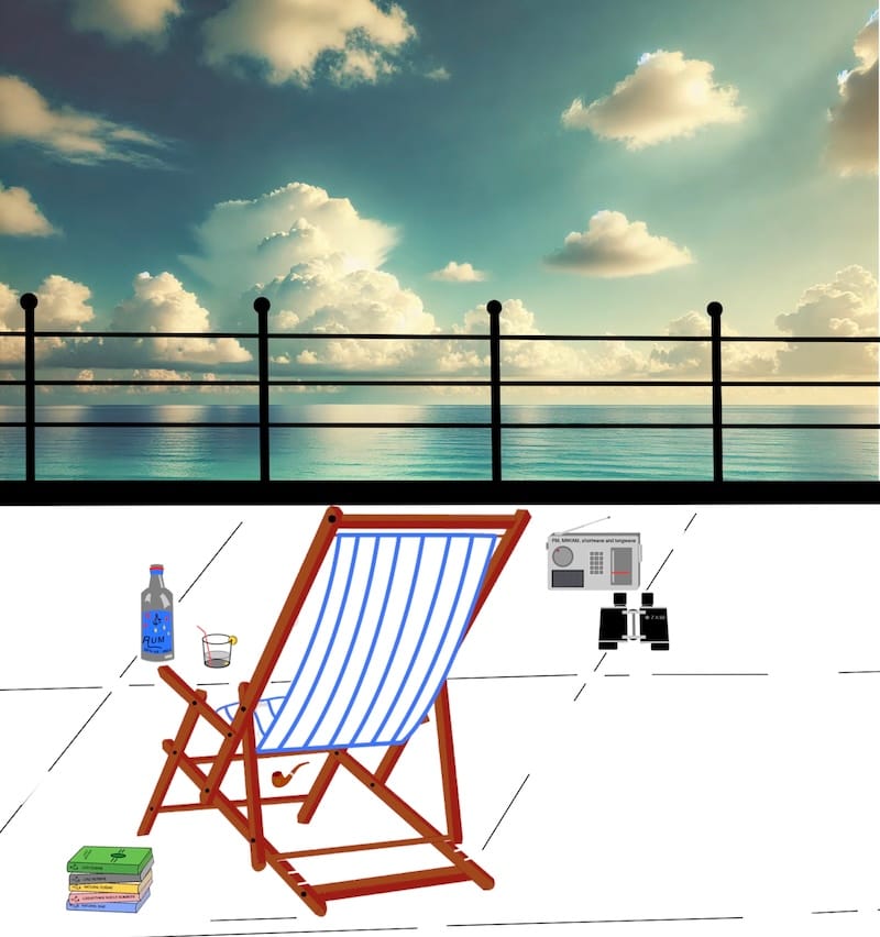 Image décorative montrant la vue depuis un paquebot, avec un ciel de nuages cumulus en arrière-plan.