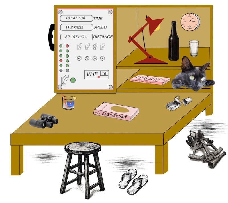 Image décorative : un chat noir fait tomber le sextant de la table à cartes par terre, sans aucun remords.