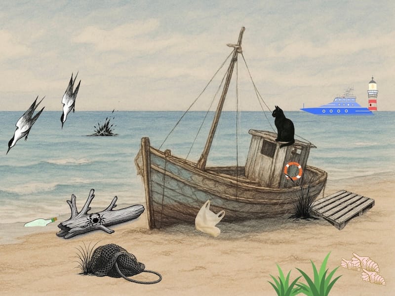 image décorative: plage mer, chat noir, bateau, phare