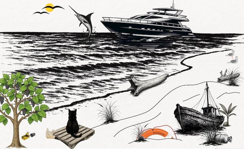 image décorative: plage , mer, yacht, chat noir, espadon