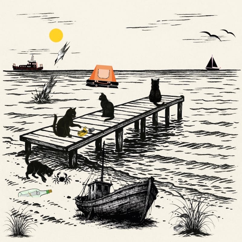 image décorative: plage mer, chat noir, bateau, voilier, radeau de survie