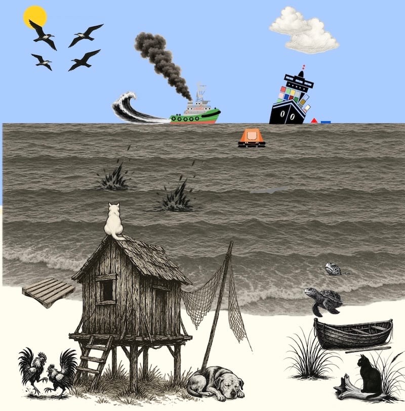 image décorative: plage, mer, cabane, navire en détresse, remorqueur, tortues, chats, chien, combat de coque, survie (liferaft)