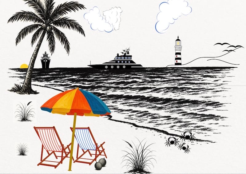 image décorative: mer, plage, phare, parasol, navires, phare