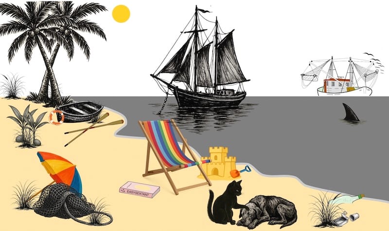 decorative image: sea, beach, sailing vessel cat, dog asleep, fishnet, tug and vessel in distress, sea turtles, cockfight