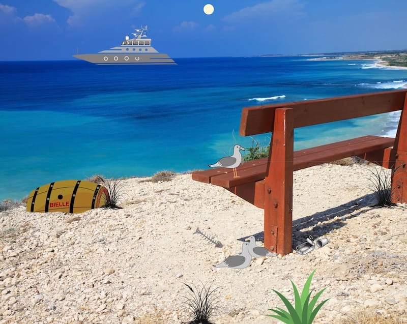 image décorative: plage, mer, tonneau, bateau