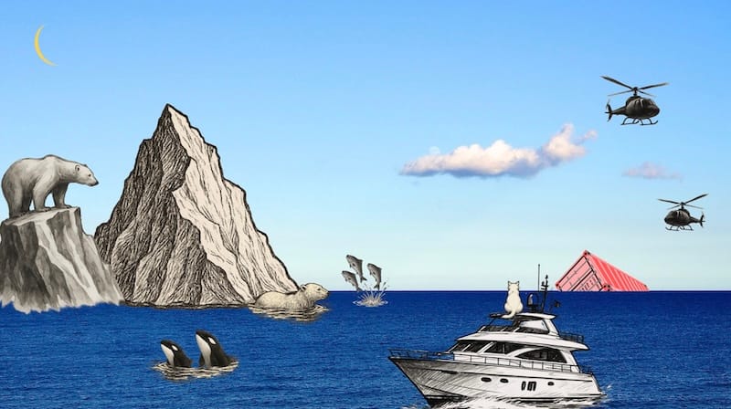 image décorative:Ours polaire, iceberg, hélicoptères, orques, pôle Nord, conteneur coulé, poisson sautant.