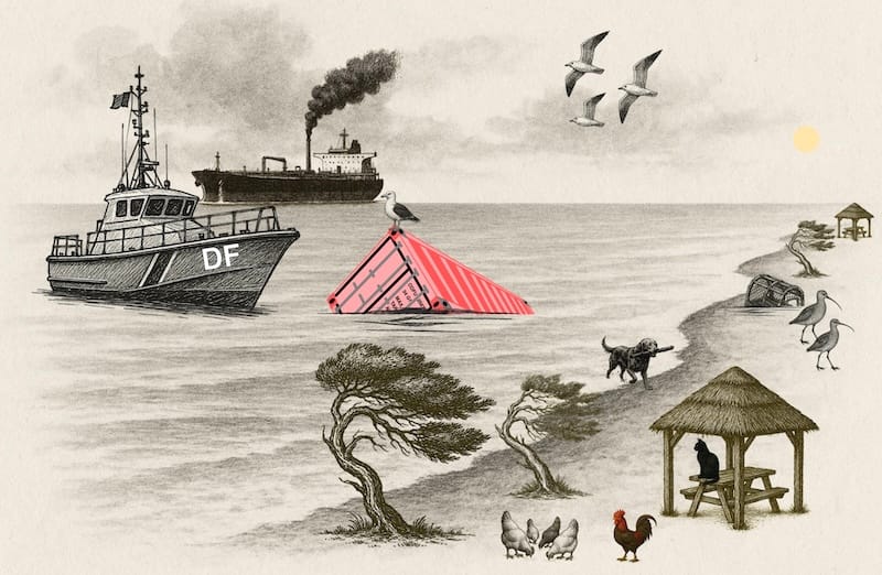Image décorative : plage, mer, ciel, tanker, navire des douanes françaises, conteneur à la dérive, chien, chat noir, oiseaux de mer.