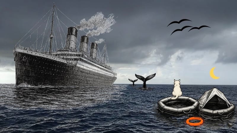 Image décorative: ciel, mer, Titanic, radeaux de survie avec chat blanc, lune