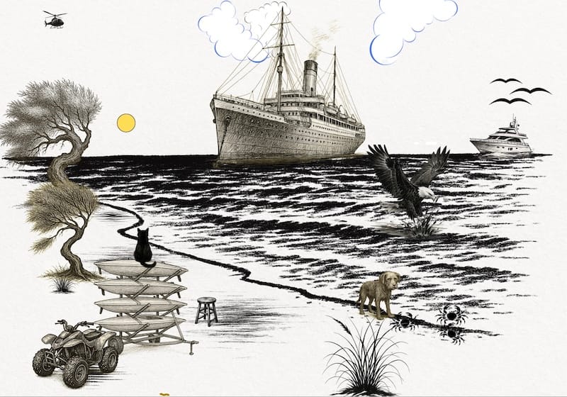 Image décorative : plage, mer, ciel, oiseaux de mer, navire au mouillage, chat noir, vieux chien et crabes.