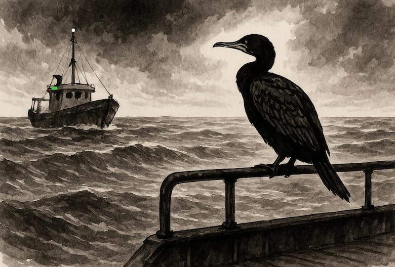 Le compagnon à la dérive
Un pêcheur français dans le golfe de Gascogne remarqua qu’un seul cormoran noir suivit son chalutier pendant sept jours d’affilée, se posant chaque nuit sur la même rambarde arrière et ne disparaissant que brièvement pour se nourrir. Le huitième jour, lors d’un grain soudain, il disparut — et ne fut jamais revu.