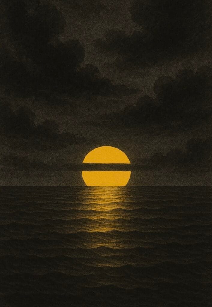 Le coucher de soleil « œil de chat »
Dans le Pacifique Sud, un marin solitaire a décrit un coucher de soleil où le soleil semblait se scinder horizontalement en deux, formant brièvement une forme d’amande avec une barre noire au milieu avant de disparaître. Cause possible : une rare réfraction optique combinée à une couche d’air chaud au-dessus d’une eau froide.