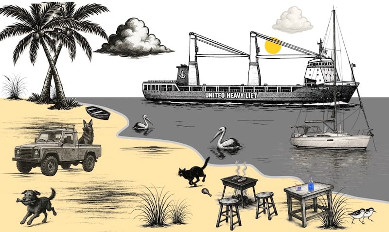 Image décorative: Plage, mer, ciel, chat, chiens, pélicans, voilier au mouillage et cargo lourd (heavy lift) à l’horizon.