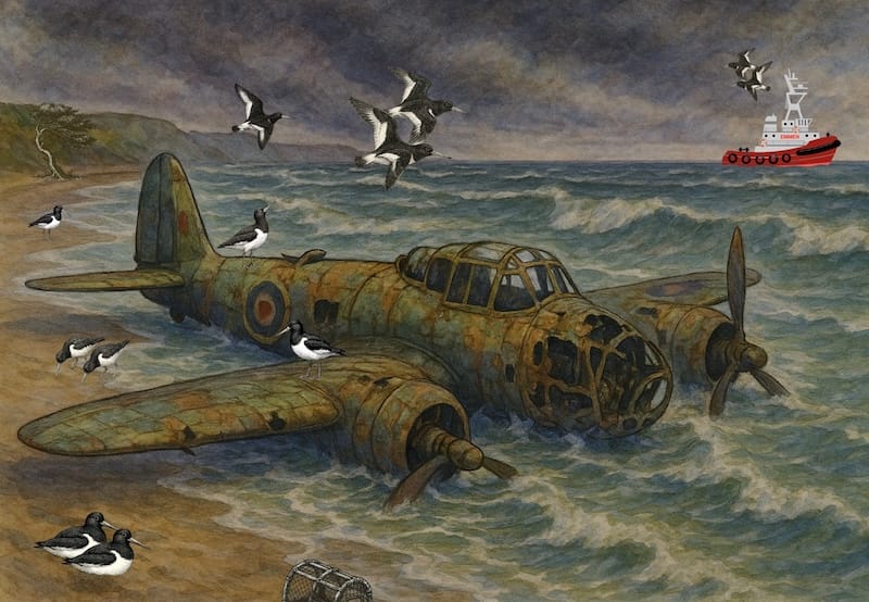 WWII plane in the waves: The wreck of a bomber emerged on a Welsh beach after a storm in 2020.