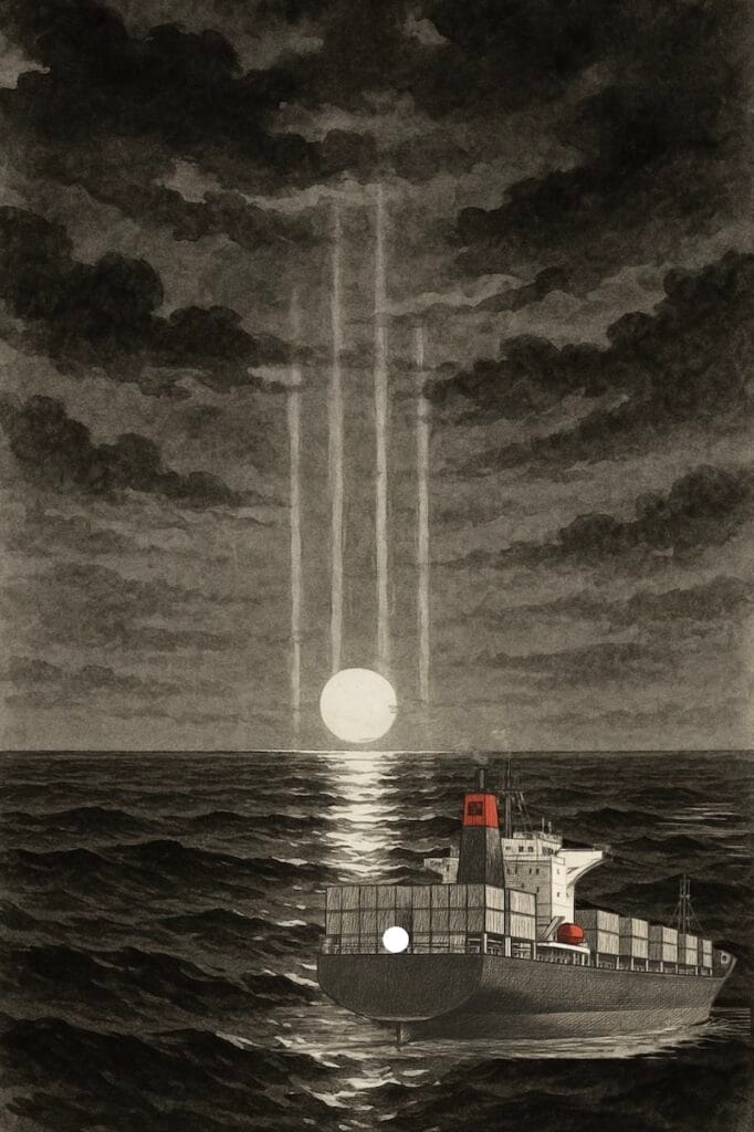 Piliers de lumière en mer
Faisceaux verticaux de lumière s’élevant de l’horizon, causés par la réflexion de la lumière de la lune ou du soleil sur des cristaux de glace plats en suspension dans l’air.