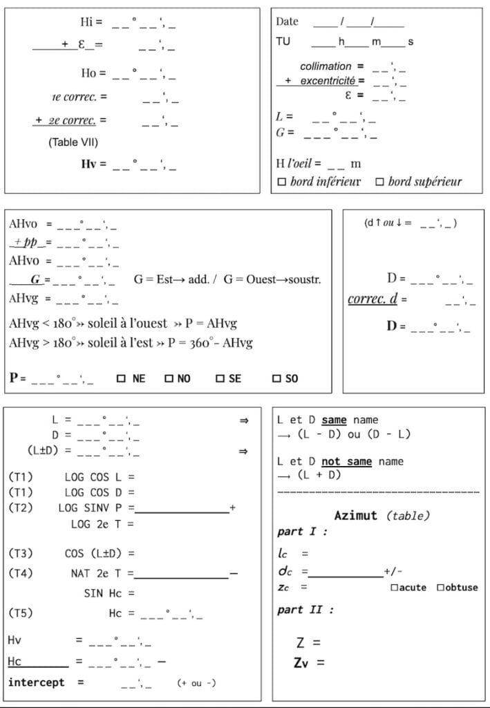 Une feuille de calcul vierge pour les tables de logarithmes et d'azimuts 