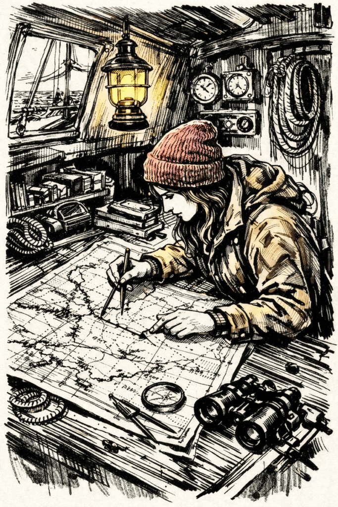 Navigatrice à bord d’un voilier en train de mettre un point sur la carte.