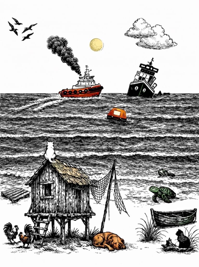 image décorative: plage, mer, cabane, navire en détresse, remorqueur, tortues, chats, chien, combat de coque, survie (liferaft)