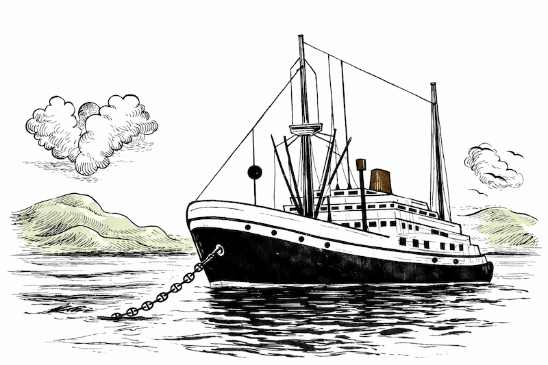 Image décorative : un navire à vapeur au mouillage.