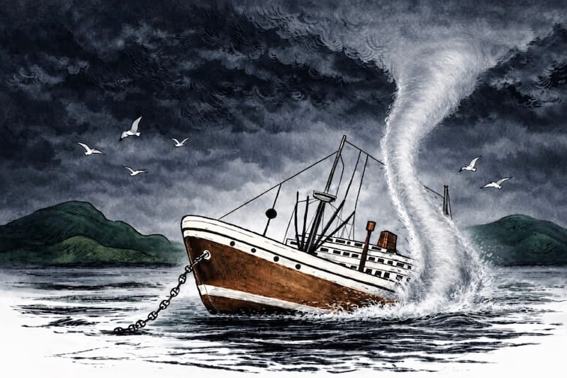 mage décorative: Navire ancien pris dans une trombe marine au mouillage