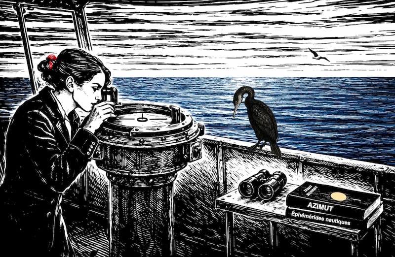 image décorative: Navigatrice prenant un relèvement au compas sur un navire en mer, avec jumelles et tables d’azimut posées à côté, illustrant la détermination de l’azimut du Soleil.