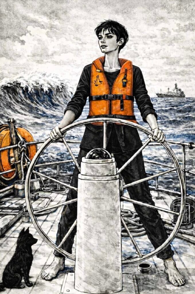 image décorative:Illustration d’une navigatrice tenant la barre d’un voilier par mer formée.