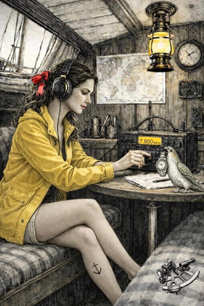 image décorative:Illustration d’une navigatrice écoutant la radio à ondes courtes à bord d’un voilier, avec sextant et carte marine.