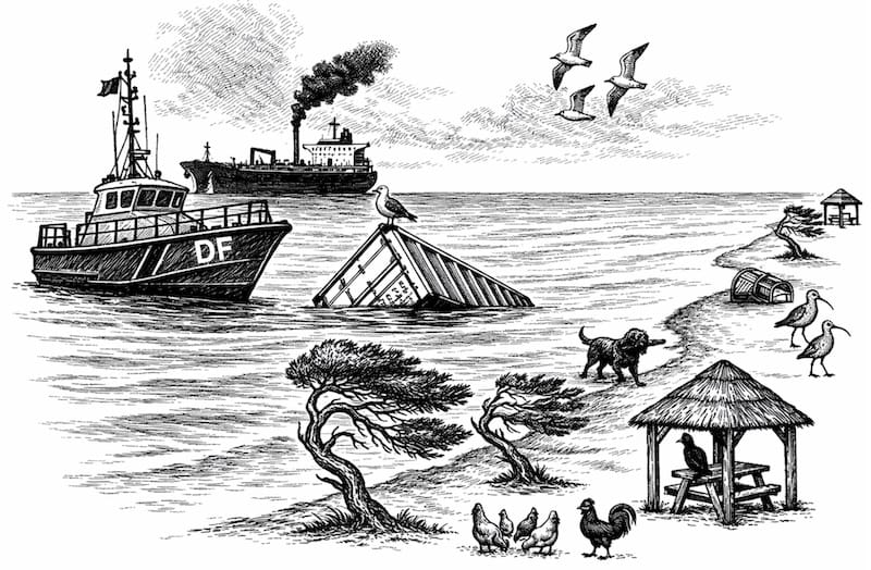 Image décorative : plage, mer, ciel, tanker, navire des douanes françaises, conteneur à la dérive, chien, chat noir, oiseaux de mer.