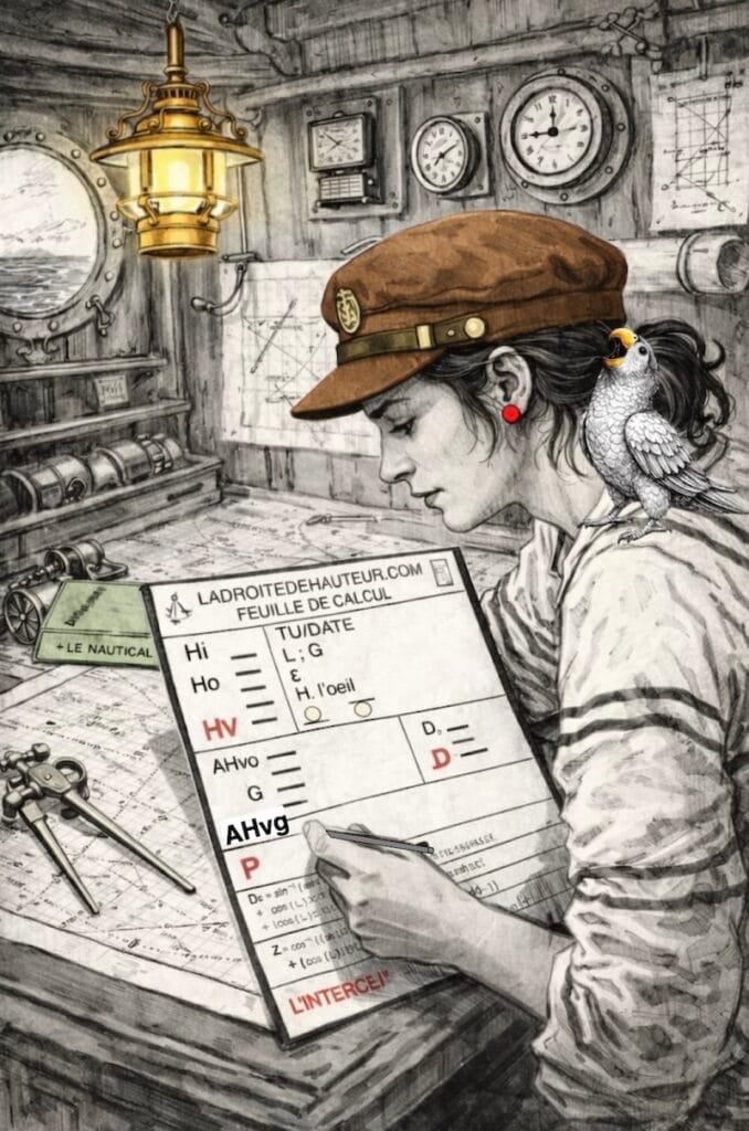 image décorative:Navigatrice calculant la droite de hauteur du Soleil sur une feuille de calcul d’astronavigation.