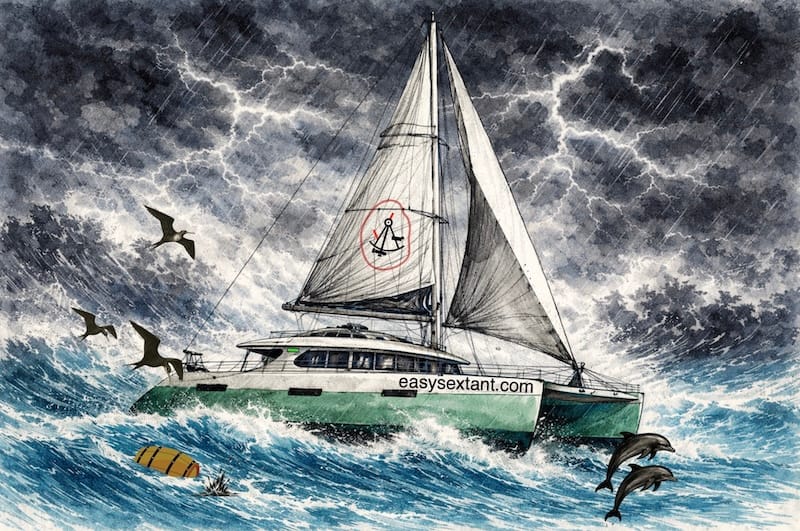 Illustration décorative d’un catamaran en mer agitée, sous un ciel orageux avec éclairs, oiseaux marins et dauphins.