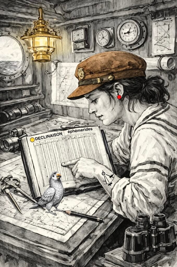 image décorative:Navigatrice à la table à cartes calculant la déclinaison à l’aide des éphémérides nautiques.