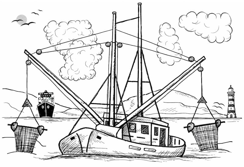 image décorative:navire de pèche, la mise à l'eau des filets