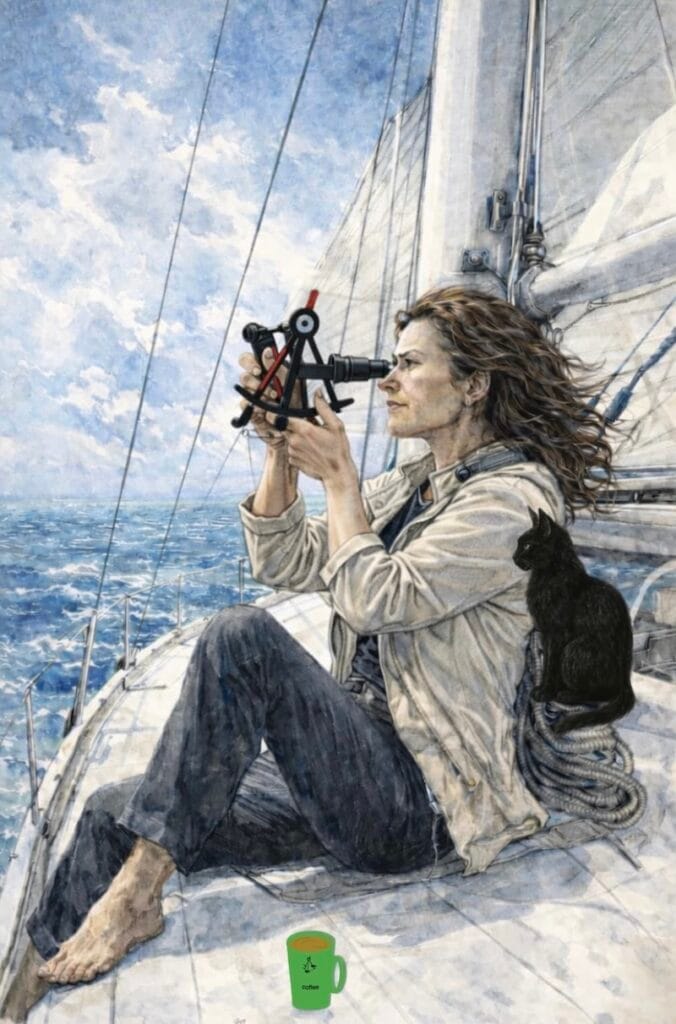 image décorative:Illustration d’une navigatrice utilisant un sextant à bord d’un voilier en mer.