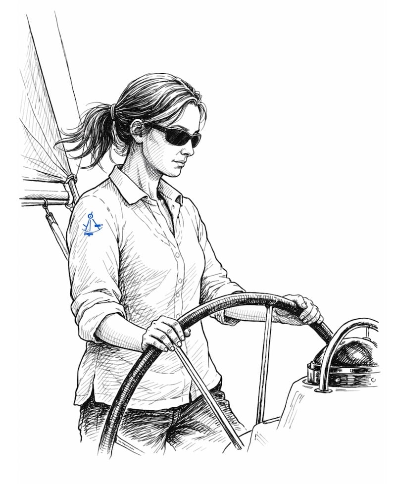 Une femme à la barre, regardant le compas magnétique.
