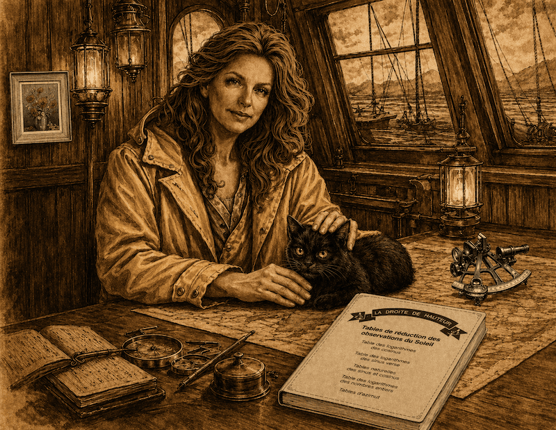 Une femme à la table à cartes avec les tables de navigation astronomique.